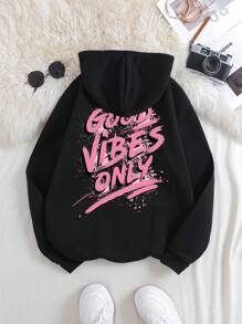 SHEIN EZwear Slogan Graphic Kangaroo Pocket Drawstring Thermal Hoodie - Black - View 1