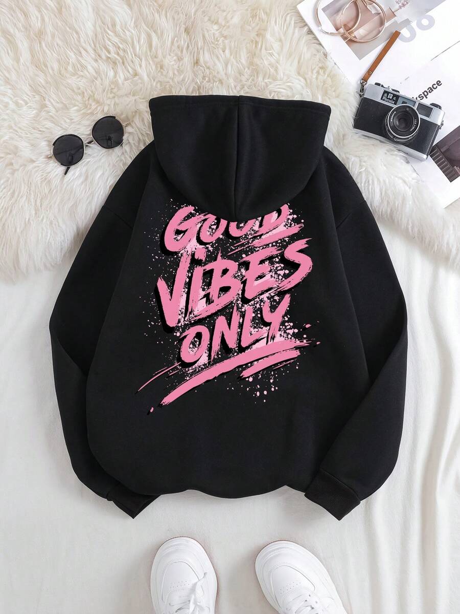 SHEIN EZwear Slogan Graphic Kangaroo Pocket Drawstring Thermal Hoodie - Black - View 1