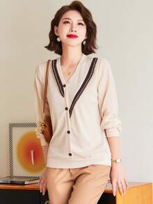 條紋飾邊前紐扣T恤 - 米色 - 查看 4