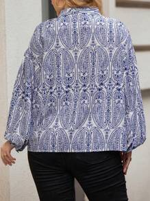 Flirla Plus Allover Print Tie Neck Lantern Sleeve Blouse