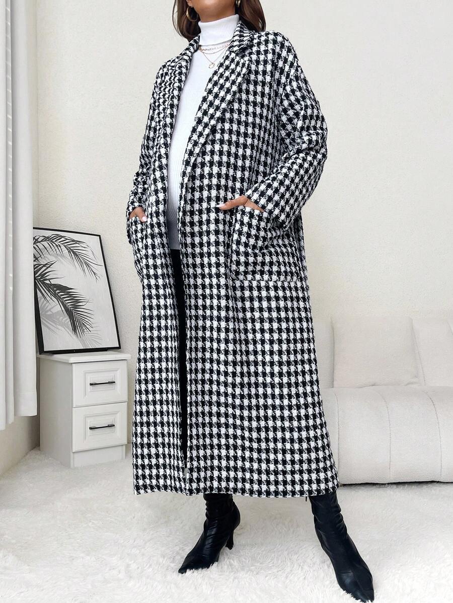 SHEIN Maternity Houndstooth Print Drop Shoulder Belted Coat - Black and White - View 1