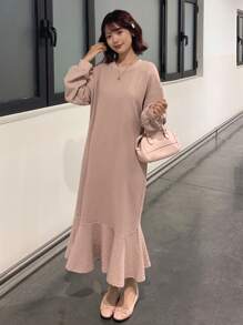 FRIFUL Solid Ruffle Hem Smock Dress,Fall Clothes - Khaki - View 1