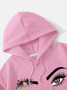 SHEIN EZwear 人像圖案加絨內裏抽繩短款連帽衫 - 粉色 - 查看 3