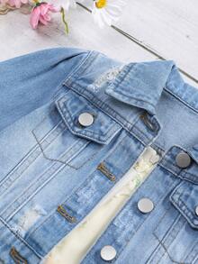 Baby Girl 1pc Ripped Flap Detail Denim Jacket - Medium Wash - View 4