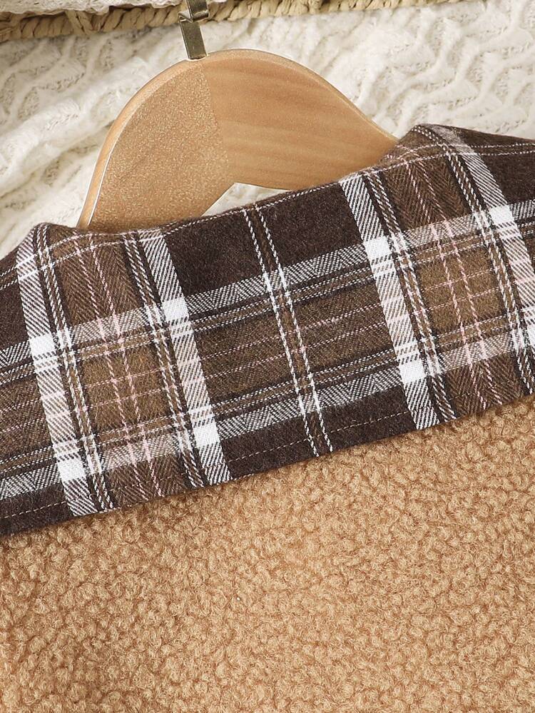 Young Girl Plaid Print Contrast Collar Jacket & Pleated Skirt & Hat