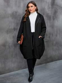 SHEIN LUNE Plus Dual Pocket Zip Up Hooded Coat - Black - View 1
