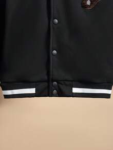 Tween Boy Bear Embroidery Striped Trim Drop Shoulder Varsity Jacket Without Sweatshirt - Black - View 3