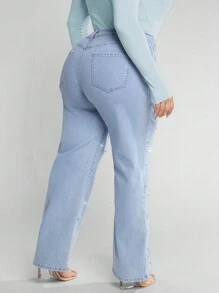 大碼高腰牛仔喇叭褲 - 淺色水洗藍 - 查看 2