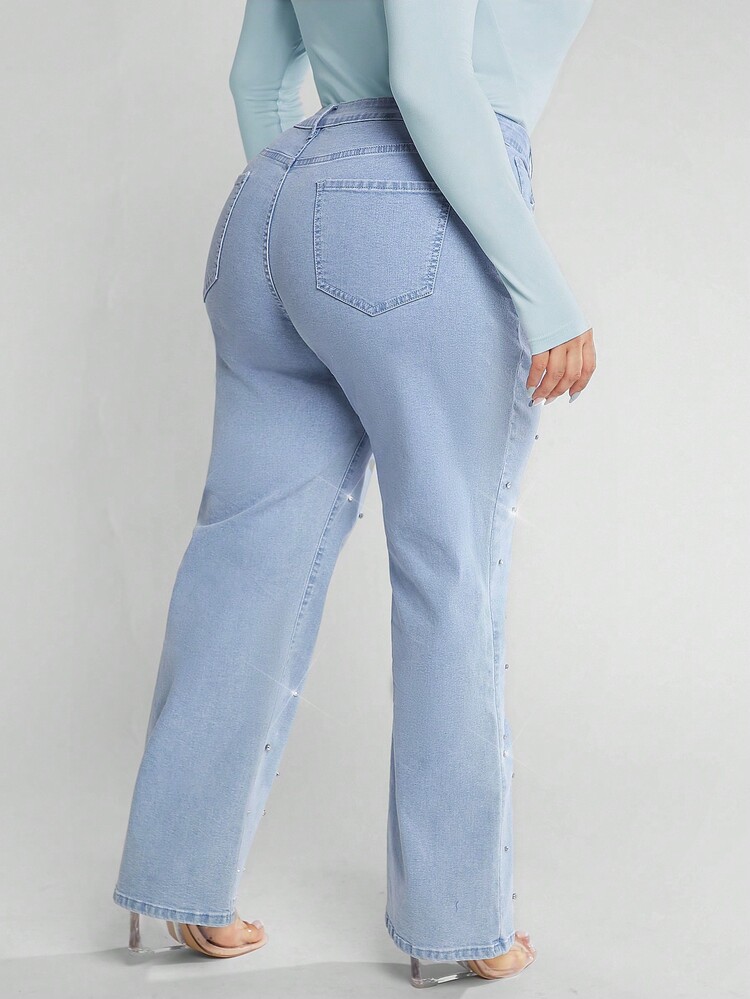 大碼高腰牛仔喇叭褲 - 淺色水洗藍 - 查看 2
