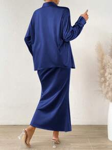 Chiquease Solid Button Front Shirt & Mermaid Hem Skirt - Royal Blue - View 2