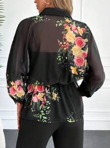 RueChic Floral Print Tie Front Batwing Sleeve Shirt - Black - View 2