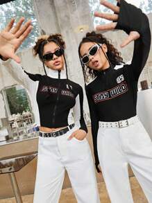 SHEIN Leap Crew Teen Girl Letter Graphic Contrast Side Seam Half Zip Tee - Black and White - View 8