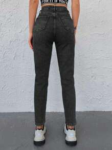 EURMUSE Quần Jeans Mom Fit Túi Xiên Trơn - màu đen - Xem 2