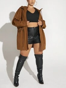 SHEIN SXY 大碼翻蓋口袋腰部抽繩拉鏈開襟連帽外套 - 棕色 - 查看 3