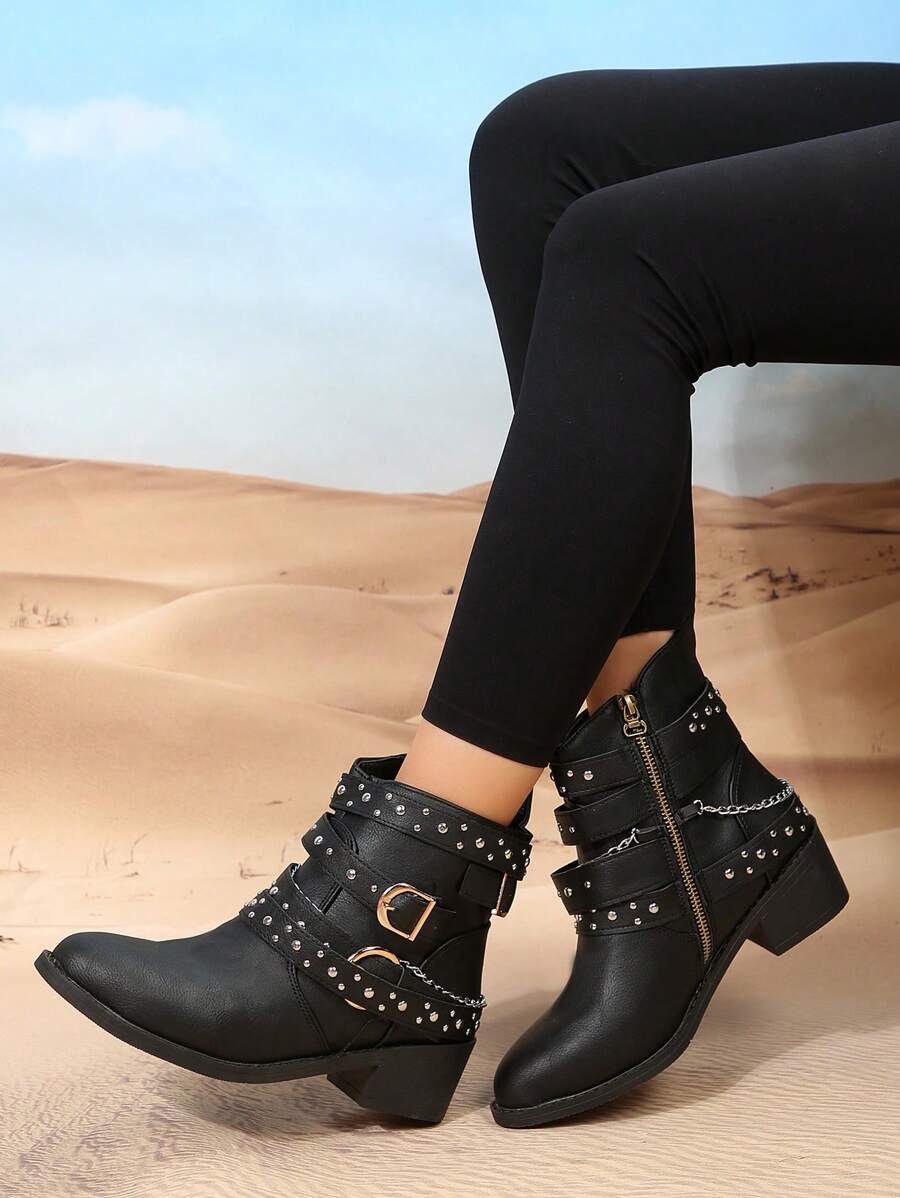Botas de moda con detalle de remaches y cadena de tacón medio para mujer con estilo punk - Negro - Ver 1