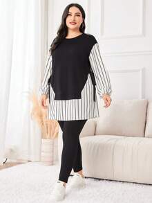 Mulvari 大碼條紋印花落肩袖下擺開叉T恤和緊身褲 - 黑與白 - 查看 3