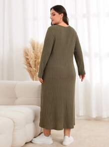 Lacomfia 大碼蕾絲拼接條紋針織洋裝 - 軍綠色 - 查看 2