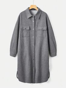 SHEIN EZwear 大碼翻蓋口袋落肩袖花呢外套 - 灰色 - 查看 1