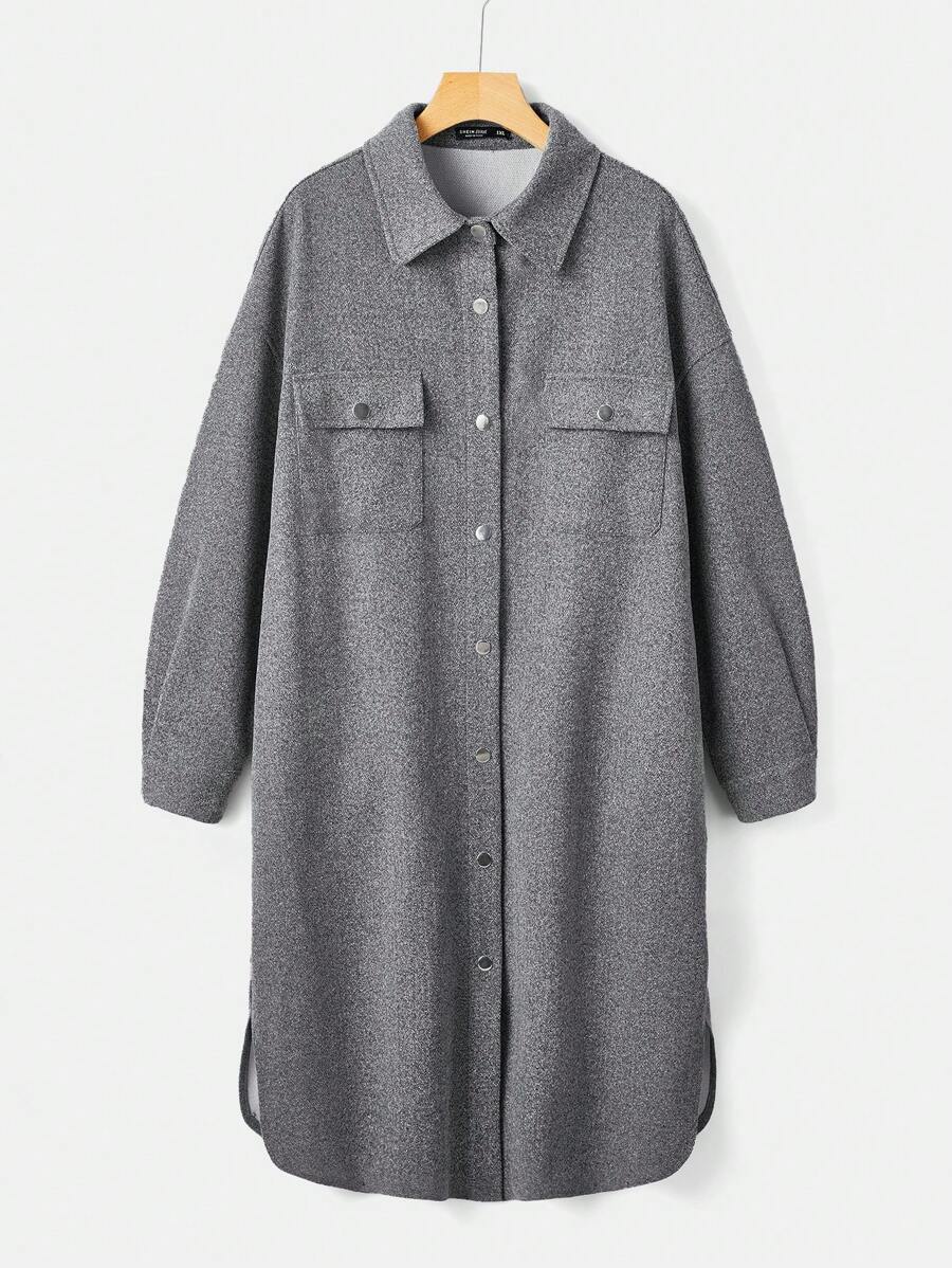 SHEIN EZwear 大碼翻蓋口袋落肩袖花呢外套 - 灰色 - 查看 1