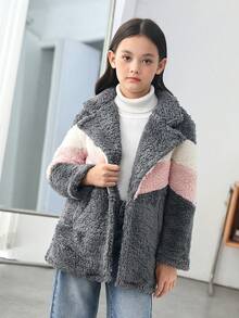 SHEIN Cô gái Tween Khối màu Túi Kép Cổ áo Áo khoác Teddy - Xám - Xem 3