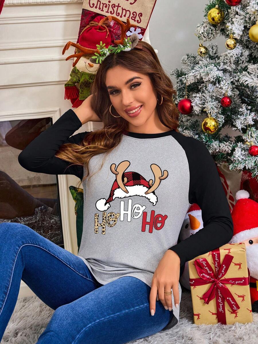 SHEIN EZwear In Giáng sinh Tay Raglan Áo thun - Màu Xám nhạt - Xem 1