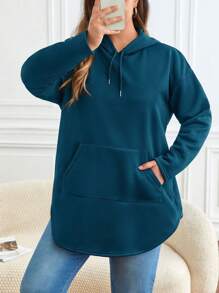 SHEIN Frenchy 加大码袋鼠口袋落肩抽绳卫衣 - 藍色 - 查看 1