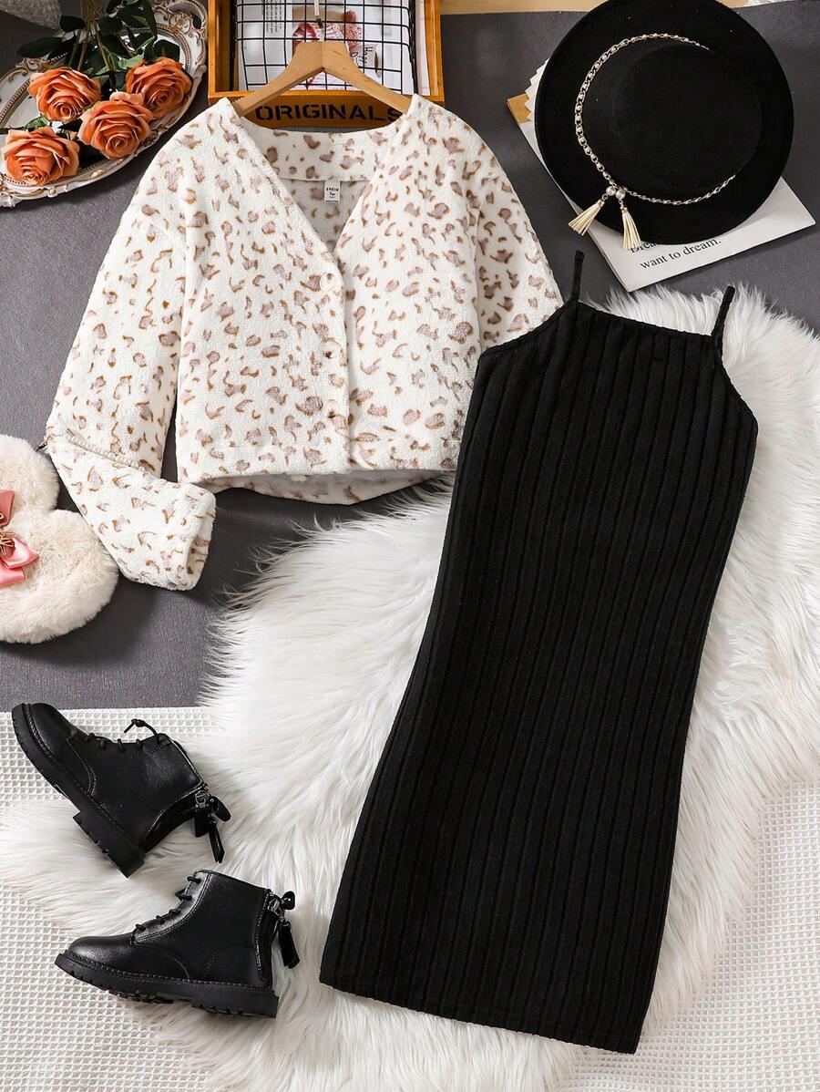 Teen Girl Allover Print Fluffy Jacket & Ribbed Cami Dress - White - View 1