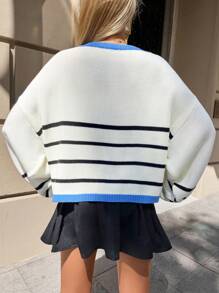 Striped Pattern Drop Shoulder Contrast Trim Sweater