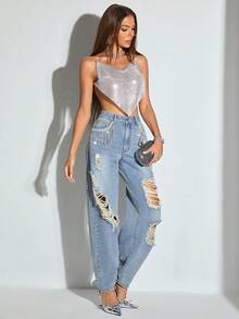 SHEIN BAE Jeans de pierna recta con diseño de diamante de imitación desgarro