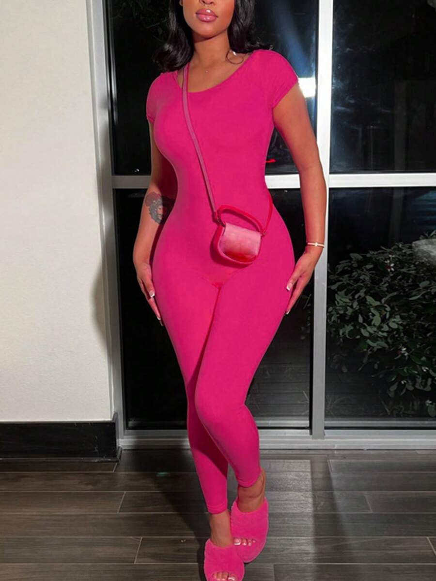 Solid Unitard Jumpsuit Without Bag - Hot Pink - View 1