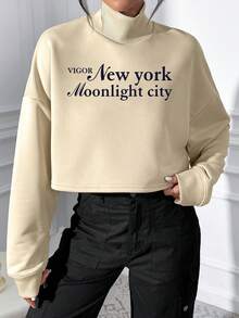 SHEIN Essnce Slogan Graphic High Neck Drop Shoulder Sweatshirt - Apricot - View 4