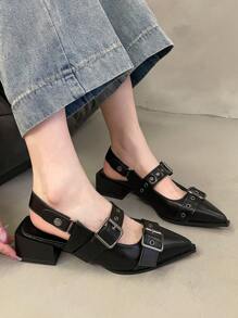 Women's Retro Pointed Toe Mary Jane Patent Leather Loafers, Vintage British Style, French Fashion Thick Heel Pumps, Spring & Autumn 2024,Elegant,Party - Black - View 4