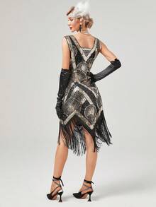 Women's 1920s Heavy Embroidered Sequin Fringed Cocktail Dress, Party Gown - Black - View 2