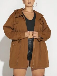 SHEIN SXY 大碼翻蓋口袋腰部抽繩拉鏈開襟連帽外套 - 棕色 - 查看 5
