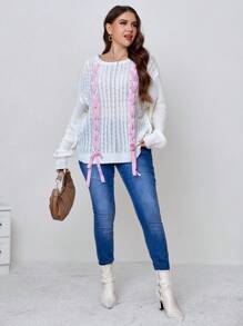 SHEIN Unity Plus Lace Up Front Drop Shoulder Sweater Knit Pullover Fall Winter Sweater - Multicolor - View 5