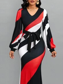 SHEIN Lady Vestido de color combinado de manga farol con cinturón bajo sirena - Multicolor - Ver 5