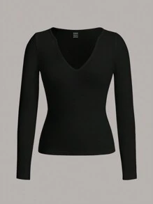 SHEIN BASICS 素色V領T恤 - 黑色 - 查看 5