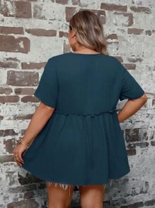 SHEIN LUNE Plus Solid Frill Trim Peplum Blouse - Navy Blue - View 2