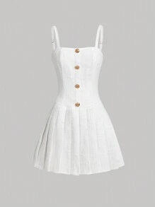 SHEIN MOD Button Front Pleated Hem Cami Dress - White - View 1