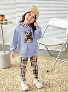 SHEIN Young Girl Bear Print Drop Shoulder Hoodie & Plaid Leggings - Blue - View 1