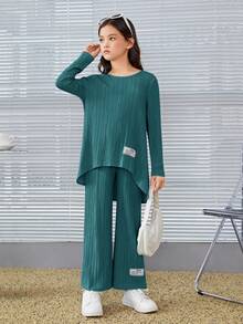 SHEIN Tween Girl Letter Patched Detail High Low Hem Tee & Pants - Blue - View 4