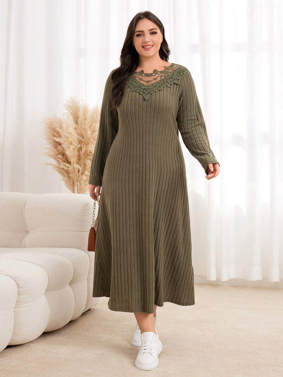 Lacomfia 大碼蕾絲拼接條紋針織洋裝 - 軍綠色 - 查看 1