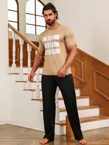 Men Letter Graphic Sleep Top - Camel - View 4