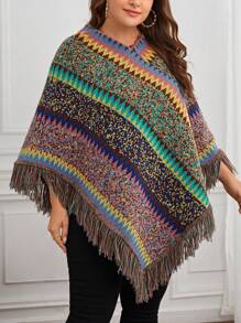 SHEIN LUNE 大碼段染流蘇邊斗篷毛衣