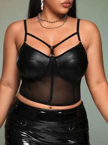 SHEIN ICON Plus Bikercore Mesh Insert Bustier Black Corset Cami Top, Summer - Black - View 4