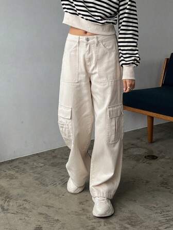 FRIFUL Dżinsy cargo z klapką i kieszeniami po bokach