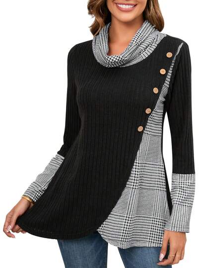 Colorblock Plaid Print Button Detail Draped Neck Tee