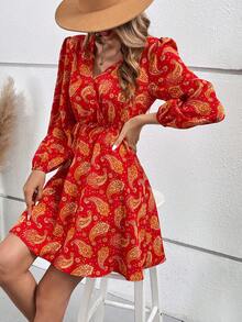 SHEIN Frenchy 滿版佩斯利印花燈籠袖洋裝不附腰帶 - 紅色 - 查看 4