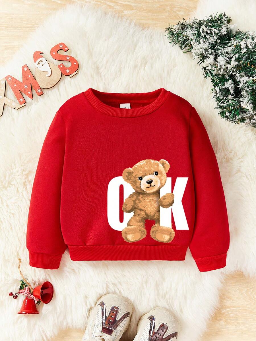 女婴休闲卡通图案圆领卫衣，适合秋冬季穿着