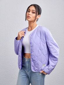 Manfinity VCAY 1pc Letter Patched Detail Oversize Quilted Coat, For Fall Winter - Purple - View 3